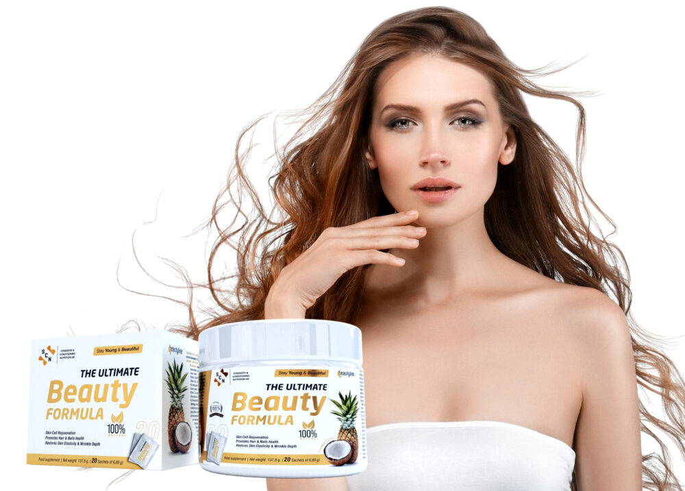 The ultimate beauty formula with collagen peptides image with woman by S-C-Nutrition.